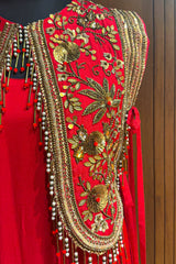 Red Satin Silk Dress with Embellished Jacket - red silk saree
