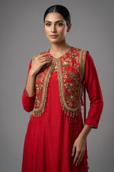 Red Satin Silk Dress with Embellished Jacket - red silk saree
