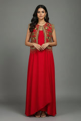 Red Satin Silk Dress with Embellished Jacket - red silk saree