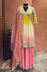 Yellow and Multi Colored Embellished Sharara Set - red saree