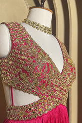 Pink Chinon Wraped Style Side Cutout Anarkali Suit with Sequin Mirror Work - pink saree