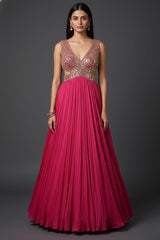 Pink Chinon Wraped Style Side Cutout Anarkali Suit with Sequin Mirror Work - pink saree