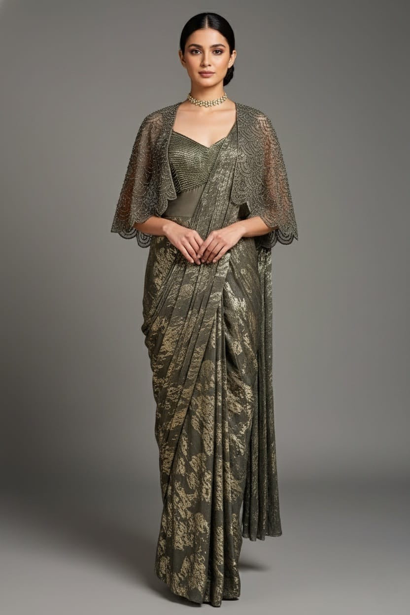 Sage Green Sequin and Beaded Pre Draped Dress with Jacket - green saree