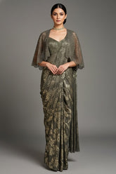 Sage Green Sequin and Beaded Pre Draped Dress with Jacket - green saree
