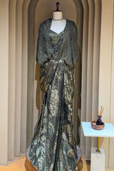 Sage Green Sequin and Beaded Pre Draped Dress with Jacket - green saree