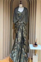Sage Green Sequin and Beaded Pre Draped Dress with Jacket - green saree