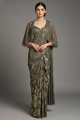 Sage Green Sequin and Beaded Pre Draped Dress with Jacket - green saree