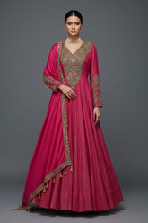 Pink Tissue Crush Handworked Anrakali Suit with Dupatta - pink saree