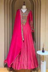 Pink Tissue Crush Handworked Anrakali Suit with Dupatta - pink saree