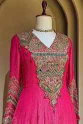 Pink Tissue Crush Handworked Anrakali Suit with Dupatta - pink saree