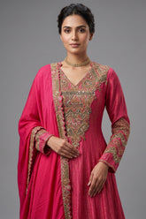 Pink Tissue Crush Handworked Anrakali Suit with Dupatta - pink saree