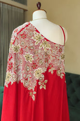 Red Satin Silk Beaded and Sequin Embroidered One Shoulder Palazzo Suit - red silk saree embroidered