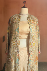 Beige Silk Handworked Indo Western Set - beige silk saree