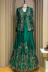 Green Satin Sequin Cutdana Worked Indo Western Set - green satin saree