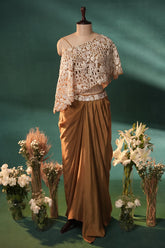 Mustard Brown and Beige Sequin Embroidered One Shoulder Crop Top with Dhoti Skirt Set