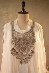 Off White Georgette Organza Asymmetric Sequinned Top and Dhoti Skirt Set