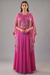 Pink Silk Cutwork Mirror Beaded Crop Top Palazzo Set with Jacket - pink silk saree