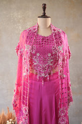 Pink Silk Cutwork Mirror Beaded Crop Top Palazzo Set with Jacket - pink silk saree