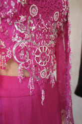 Pink Silk Cutwork Mirror Beaded Crop Top Palazzo Set with Jacket - pink silk saree