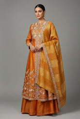 Rust Orange Tissue Beaded and Sequin Worked Slit Cut Palazzo Suit - orange saree