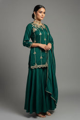 Bottle Green Satin Organza Gota Worked Lehenga Suit - green satin saree