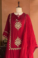 Red Satin Organza Gota Worked Lehenga Suit - red satin saree