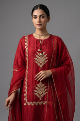 Red Satin Organza Gota Worked Lehenga Suit - red satin saree