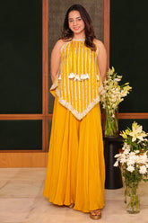 Yellow Tissue Gota and Bead Worked Asymmetric Indo Western Palazzo Set - yellow saree