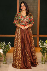 Brown Silk Sequin Embroidered Slit Cut Indo Western Set - red silk saree embroidered