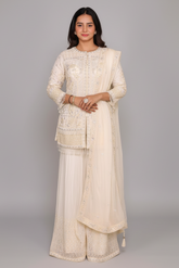 Pearl White Organza Sequinned and Beaded Work Sharara Set