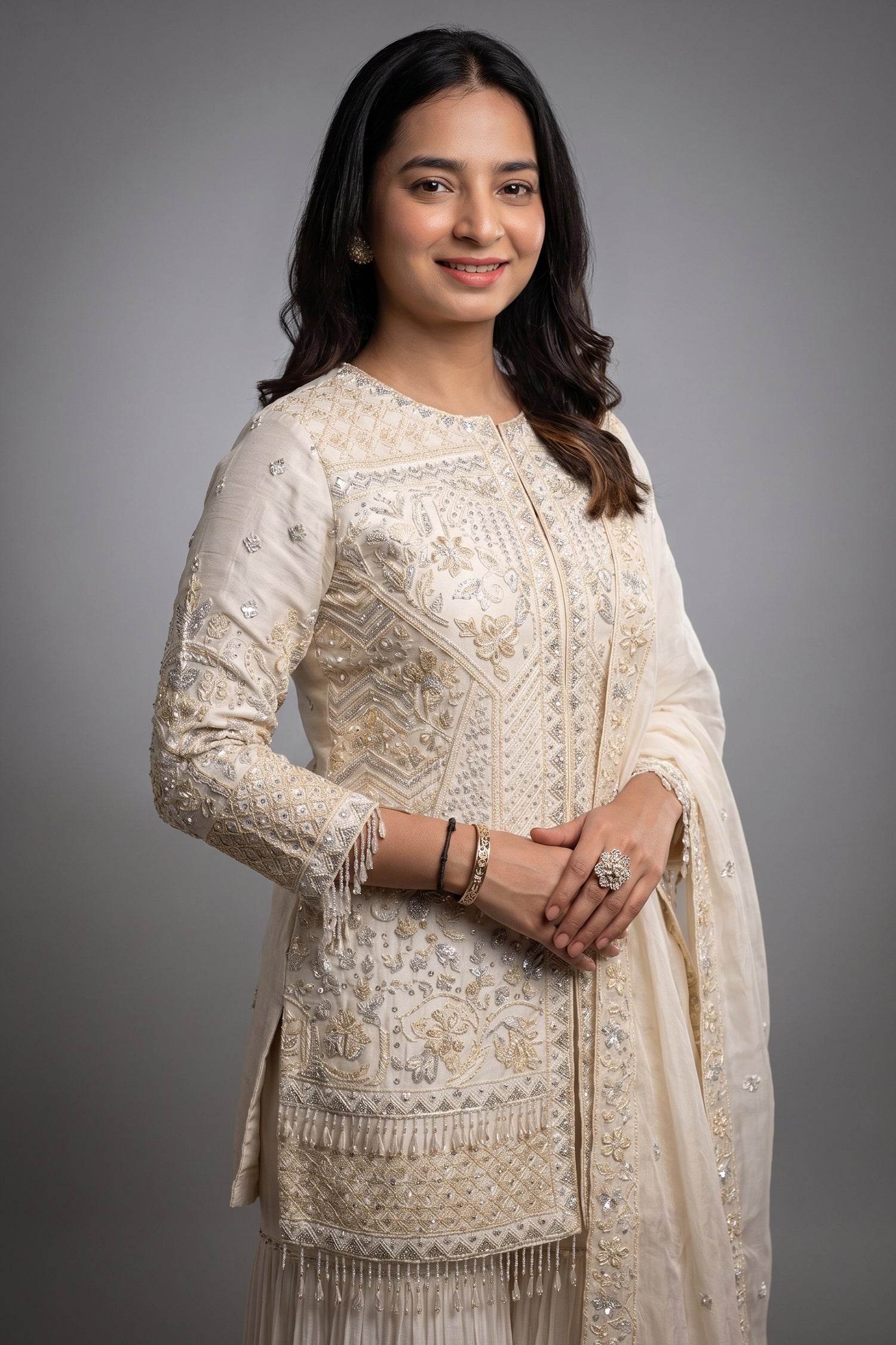 Pearl White Organza Sequinned and Beaded Work Sharara Set - white organza saree