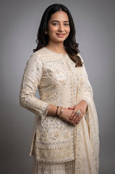 Pearl White Organza Sequinned and Beaded Work Sharara Set - white organza saree