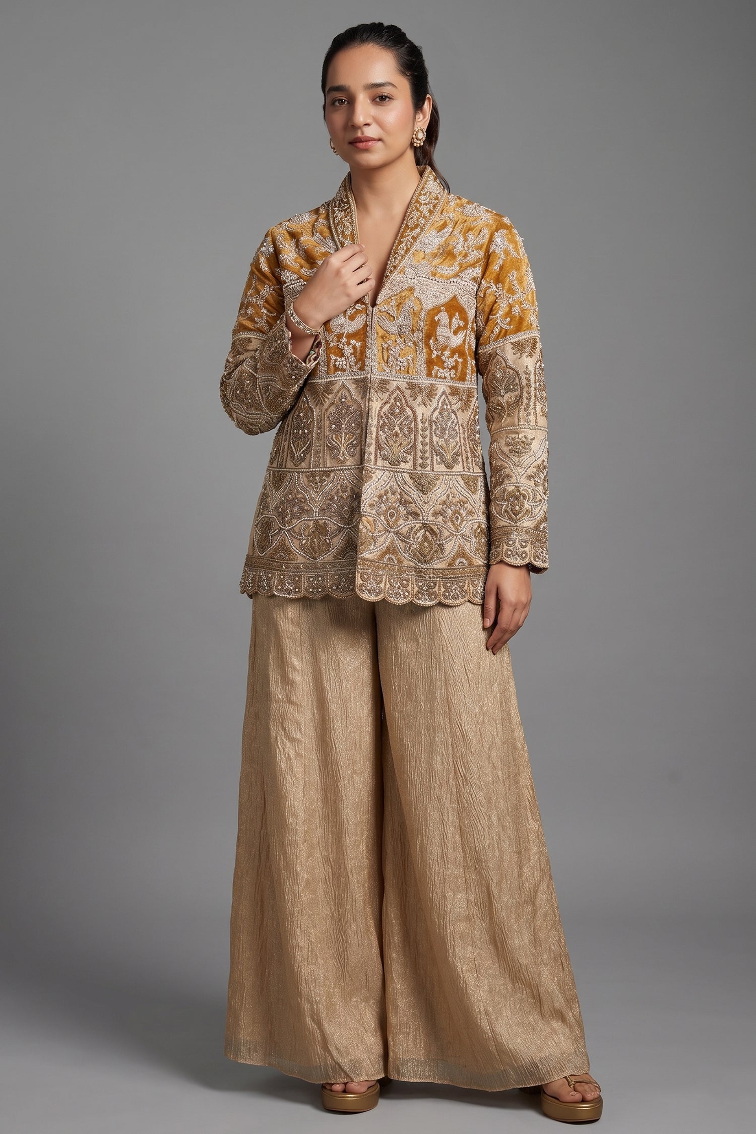 Golden Sequin Beaded Designer Indo Western Set - gold saree