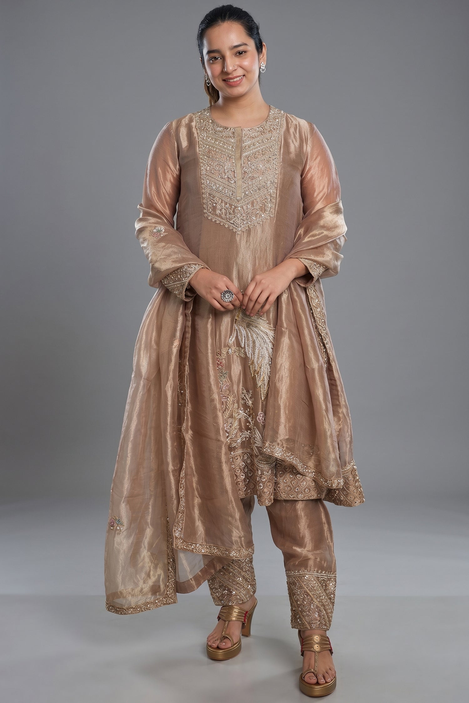 Golden Tissue Silk Beaded and Zardosi Worked Suit - gold silk saree