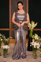 Silver Net Sequinned Indo Western Set - silver net saree