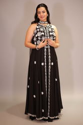 Black Raw Silk Beaded and Mirror Worked Slit Cut Palazzo Suit