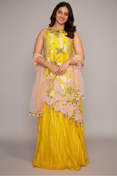 Yellow Raw Silk Asymmetric Floral Embroidered and Bead Worked Palazzo Suit