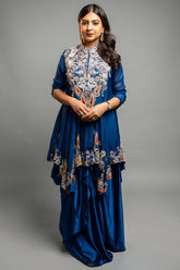 Blue Organza Handworked Bodice Asymmetrical Skirt Set - blue organza saree