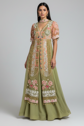 Green and Peach Organza Designer Handworked Slit Cut Suit - green organza saree