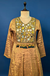 Golden Tissue Silk Anarkali Suit with Sequin and Applique Work - gold silk saree
