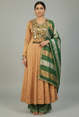 Golden Tissue Silk Anarkali Suit with Sequin and Applique Work