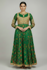 Green Silk Printed Anarkali Suit with Sequin Embroidery Work