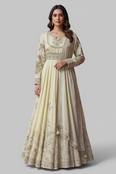 Ivory Hand Embroidered Anarkali Set with Dupatta - red saree embroidered
