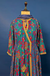 Blue Silk Printed Angrakha Style Palazzo Suit with Sequin Embroidery Work - blue silk saree embroidery