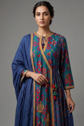 Blue Silk Printed Angrakha Style Palazzo Suit with Sequin Embroidery Work - blue silk saree embroidery