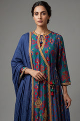 Blue Silk Printed Angrakha Style Palazzo Suit with Sequin Embroidery Work - blue silk saree embroidery