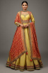 Golden Tissue Designer Anarkali Suit with Bandhej Dupatta - gold saree bandhej