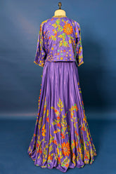 Violet Purple Satin Silk Printed Co-Ord Set with Sequin and Cutdana Work - purple silk saree