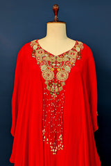 Red Chinon Georgette Embroidered Bodice Asymmetric Co-Ord Set