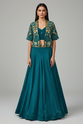 Teal Green Designer Handworked Crepe Silk Indo Western Set - green silk saree